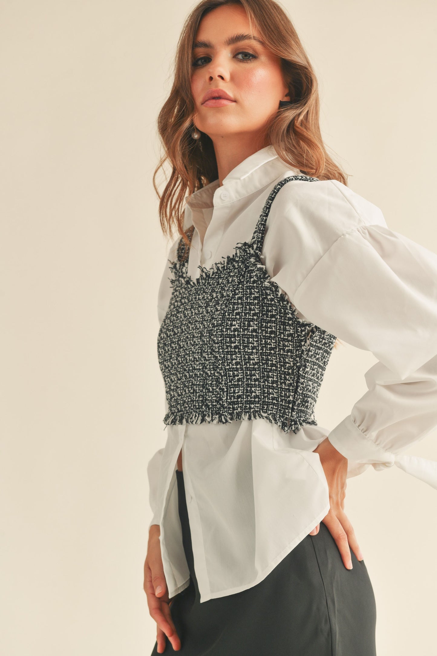 TWEED TOP BUTTON DOWN COMBO