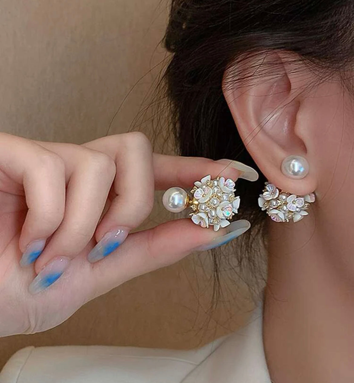 Flower Sphere Pearl Back Earring