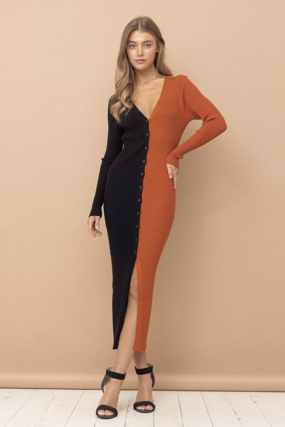COLORBLOCK MIDI SWEATER DRESS RUST/BLACK