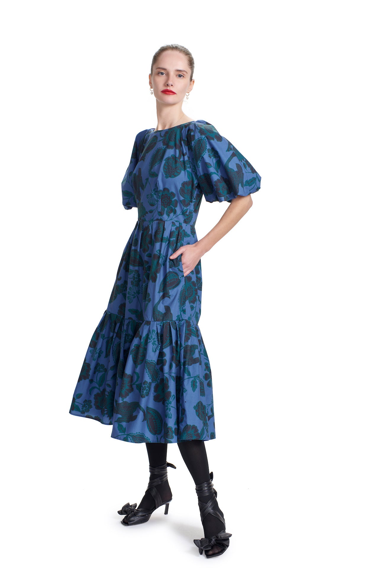 PUFF SLEEVE MIDI DRESS BLUE