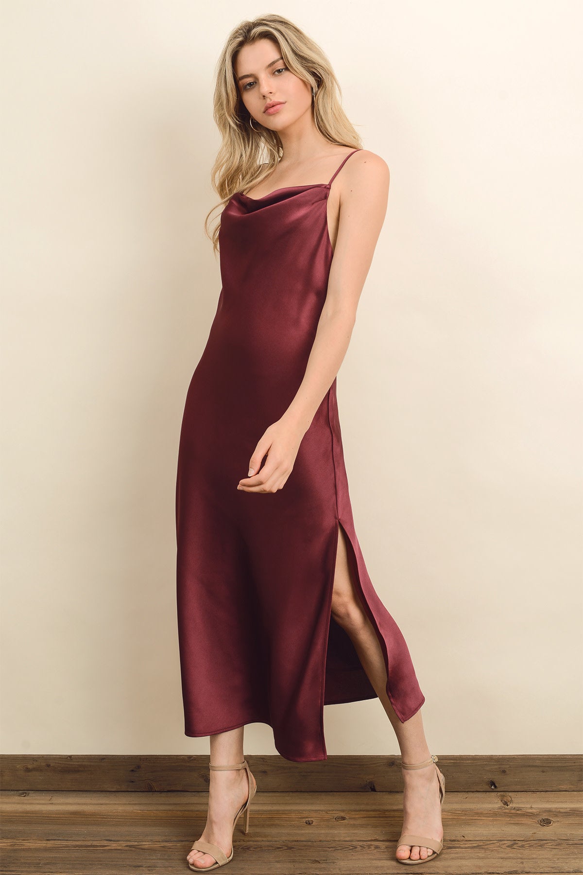 90'S INSPIRED COWL NECK DRESS BURGUNDY
