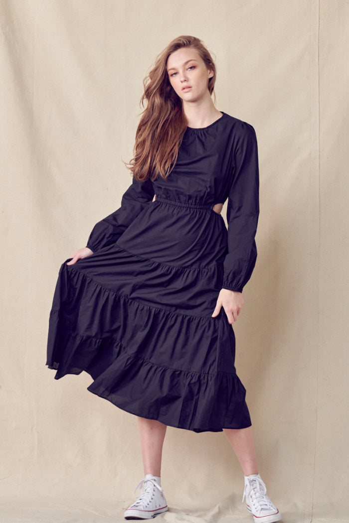 Long Sleeve Cut-Out Midi Dress Black SMALL Long Sleeve Cut-Out Midi Dress Black SMALL