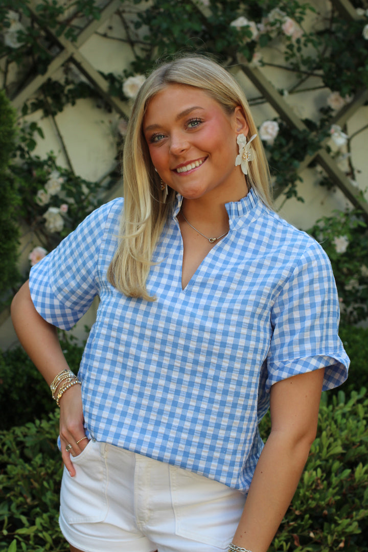 Gingham Ruffle Neck Top