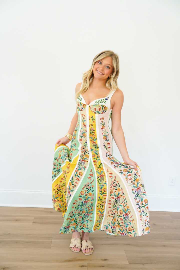 Multicolor Delicate Floral Stripes Maxi Dress