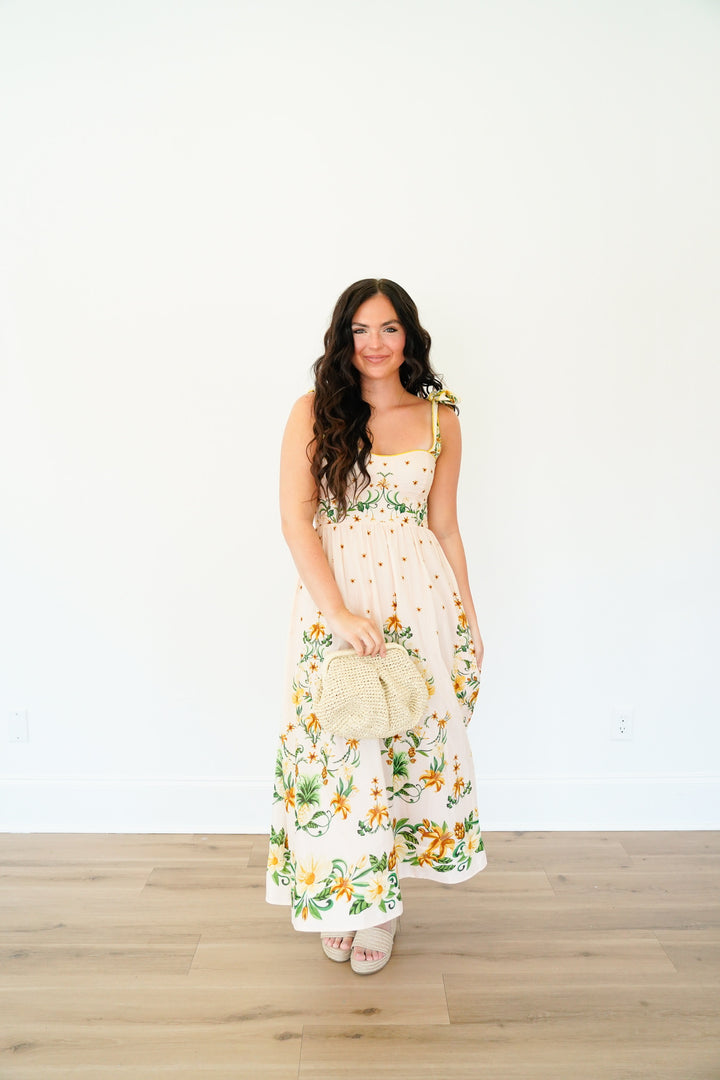 Pink Botanical Beauty Shoulder Bow Midi Dress