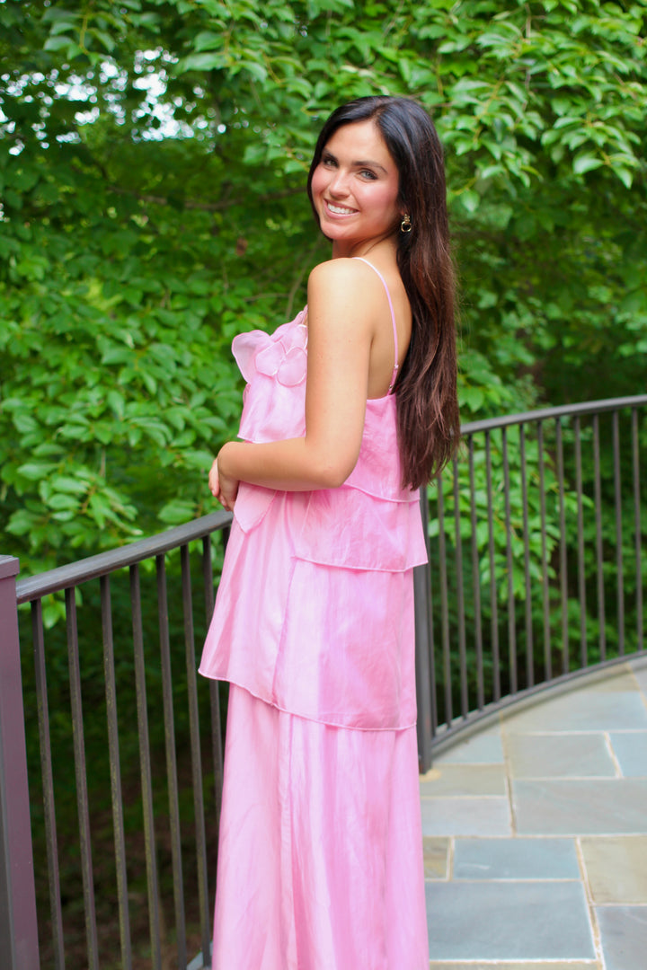 3d Floral Applique Tiered Maxi Dress