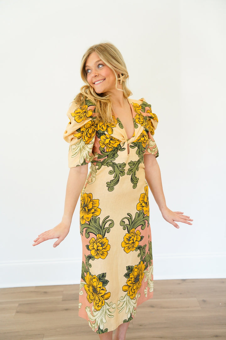 Cream Delicate Flower Arabesques Linen Midi Dress