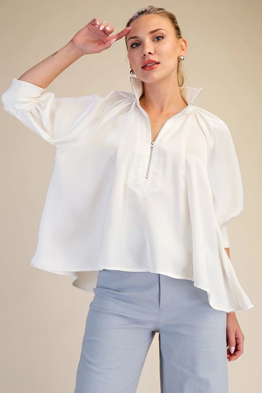 Mock Neck Puff Sleeve Blouse in Ivory