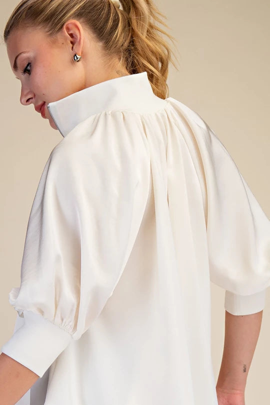 Mock Neck Puff Sleeve Blouse in Ivory