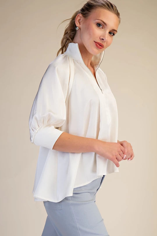 Mock Neck Puff Sleeve Blouse in Ivory