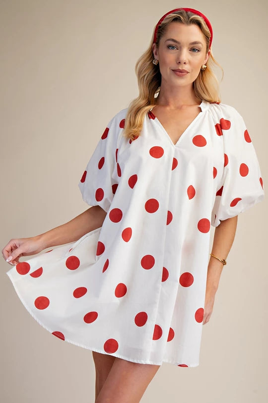 Puff Sleeve Shift Dress in Red