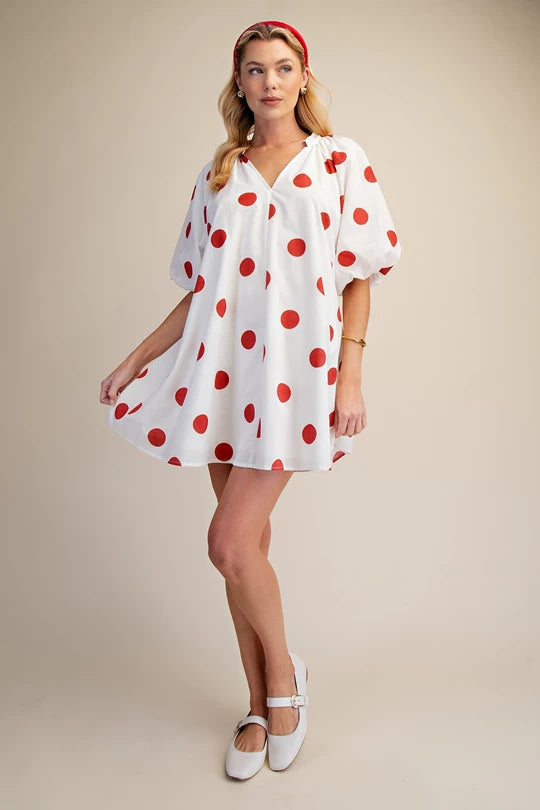 Puff Sleeve Shift Dress in Red