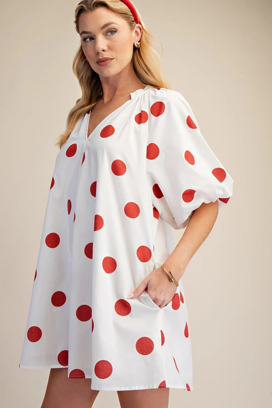 Puff Sleeve Shift Dress in Red