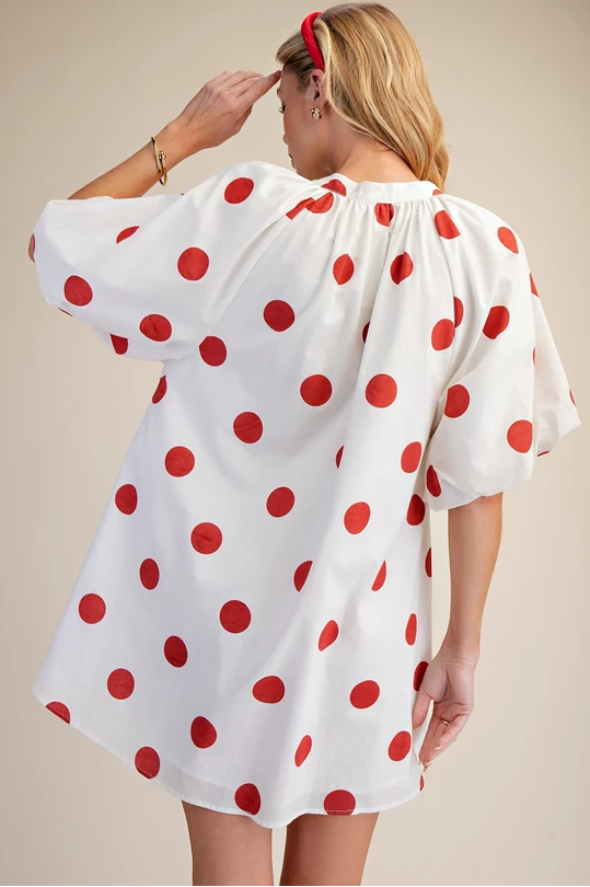 Puff Sleeve Shift Dress in Red