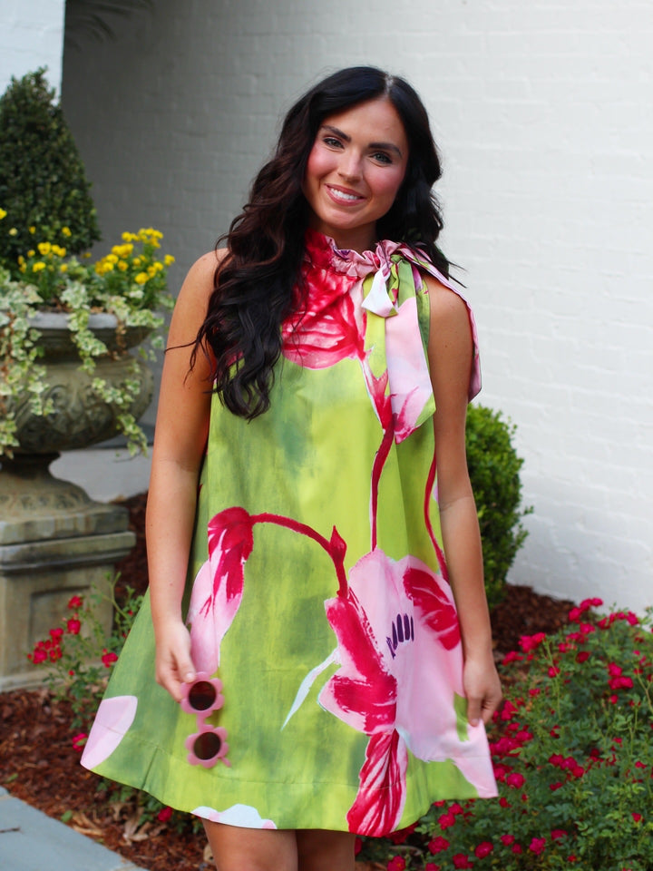 Artist Floral Ruffle Neck Dress