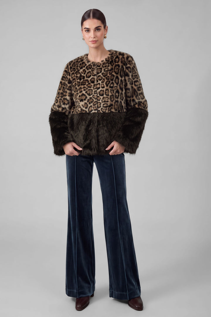 Harlow Jacket in Brown-Leopard - cropped leopard faux fur jacket