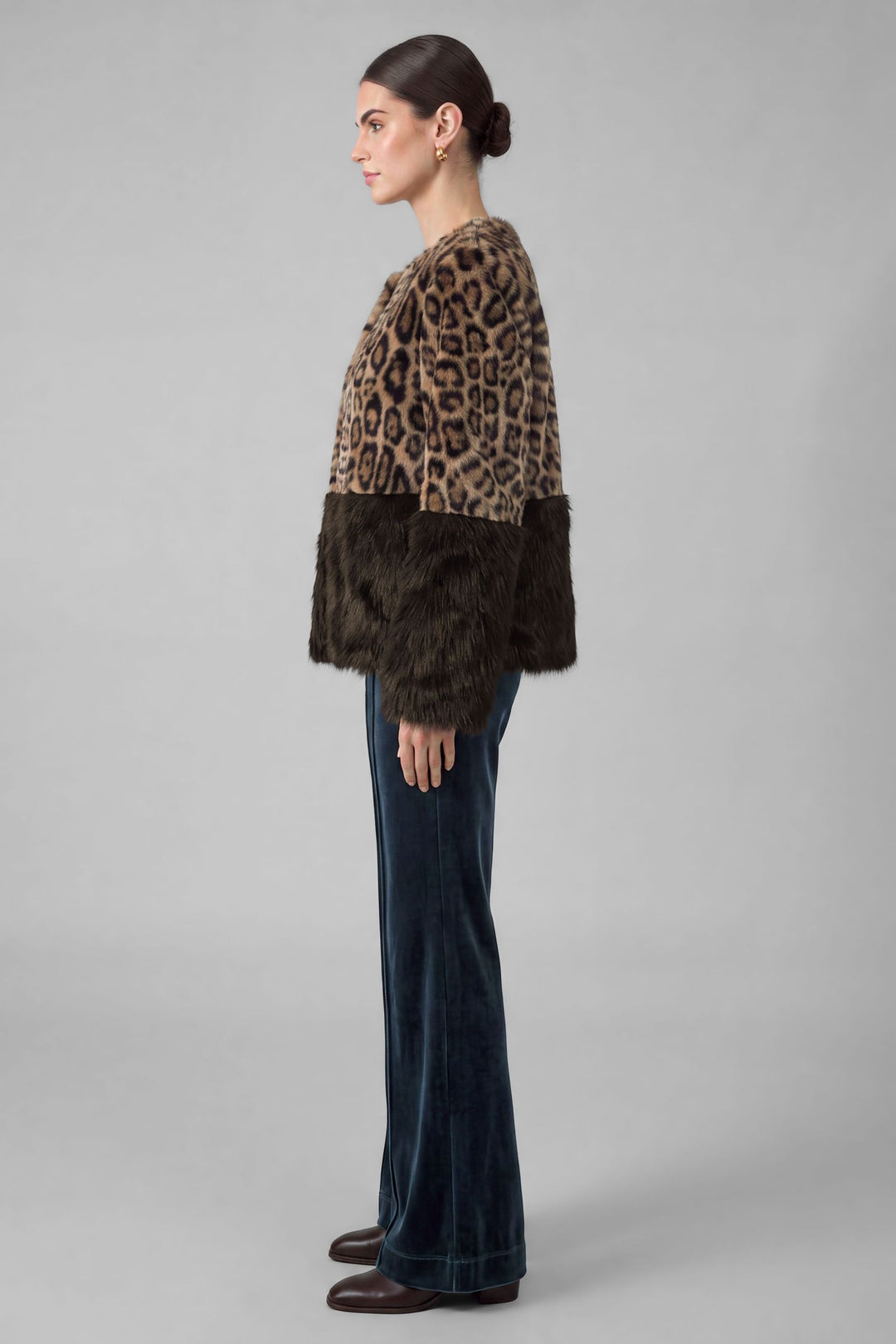 Harlow Jacket in Brown-Leopard - cropped leopard faux fur jacket