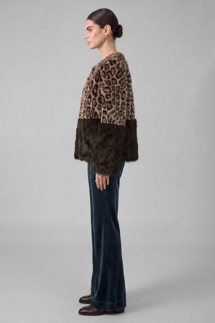 Harlow Jacket in Brown-Leopard - cropped leopard faux fur jacket