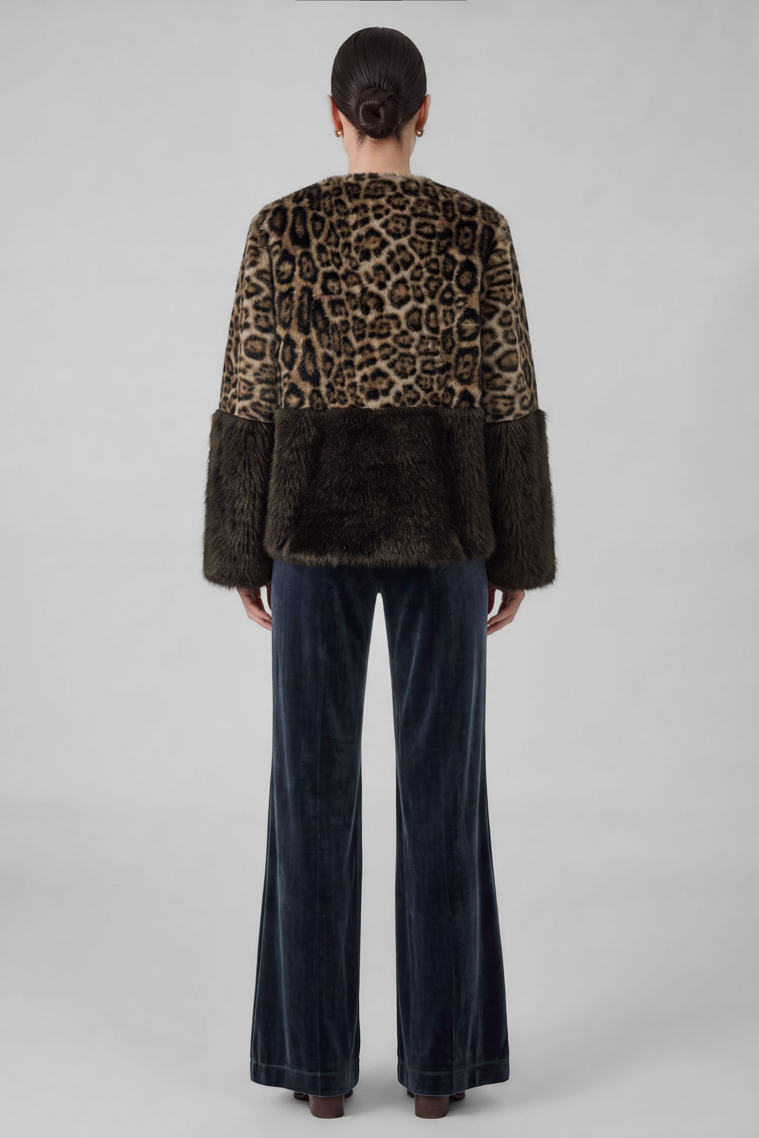 Harlow Jacket in Brown-Leopard - cropped leopard faux fur jacket