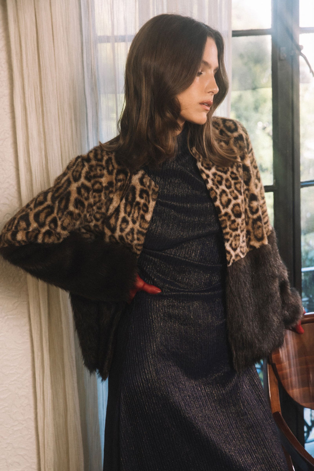 Harlow Jacket in Brown-Leopard - cropped leopard faux fur jacket