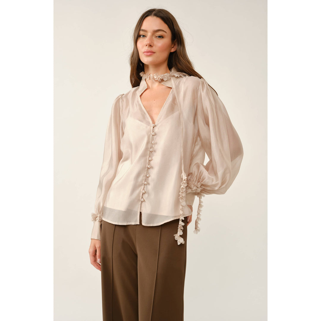 Lisette Blouse in champagne — front view of the sheer puff sleeve blouse