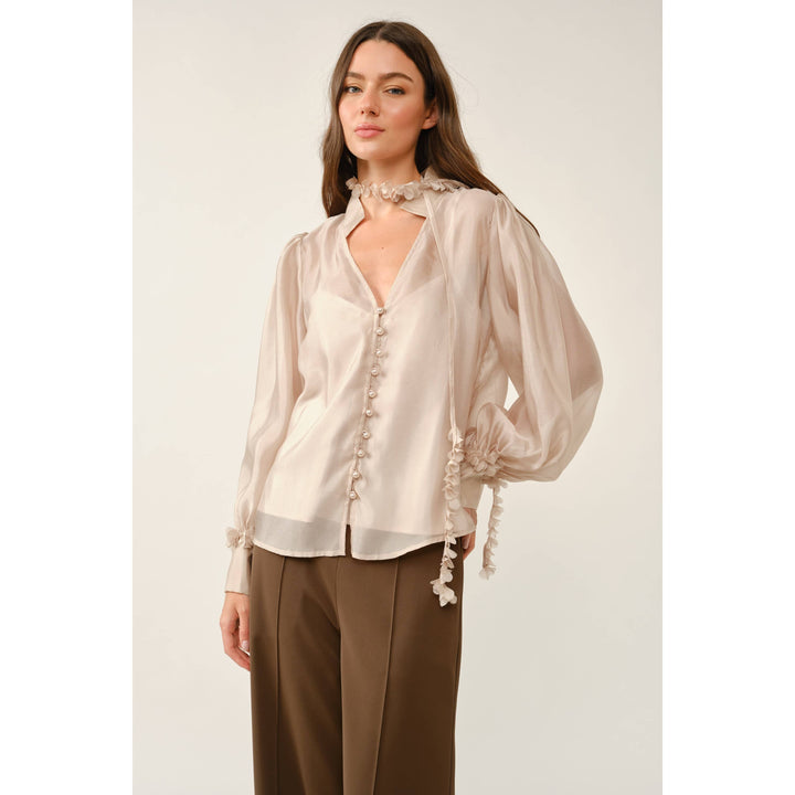 Lisette Blouse in champagne — front view of the sheer puff sleeve blouse
