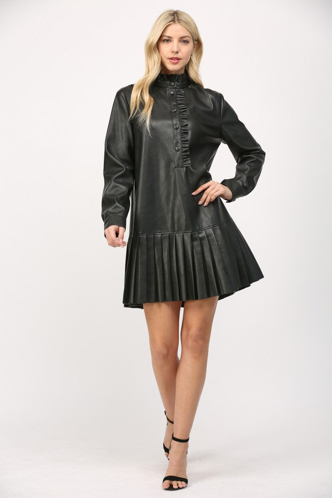 Pleated Leather Mini Dress