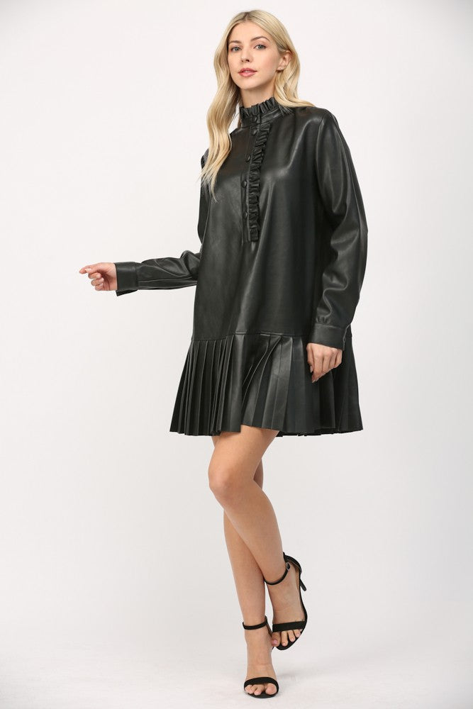 Pleated Leather Mini Dress