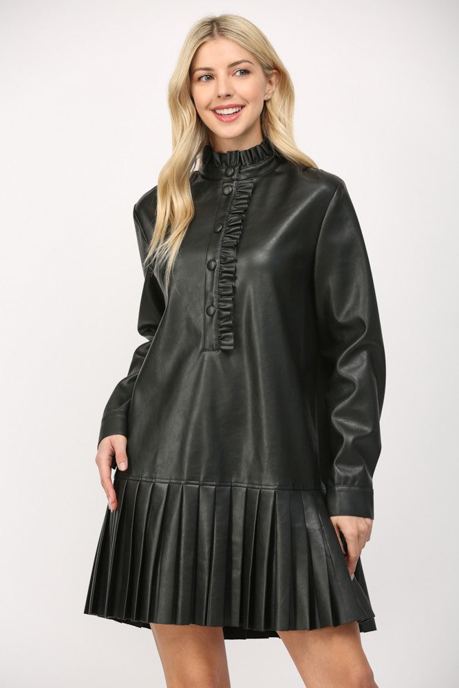Pleated Leather Mini Dress