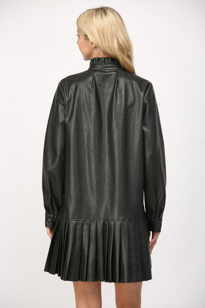 Pleated Leather Mini Dress