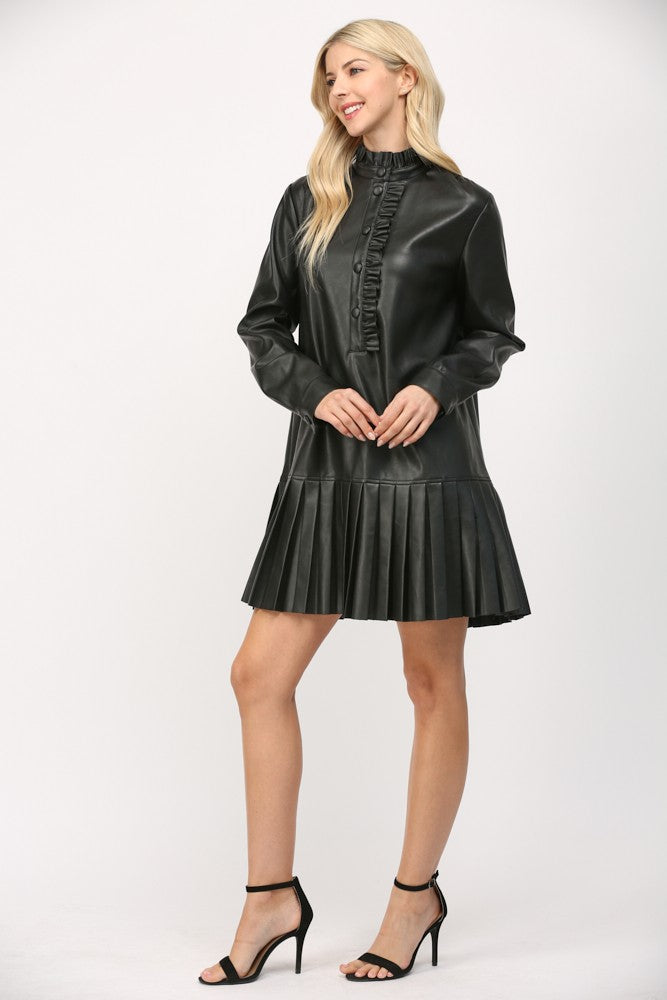 Pleated Leather Mini Dress