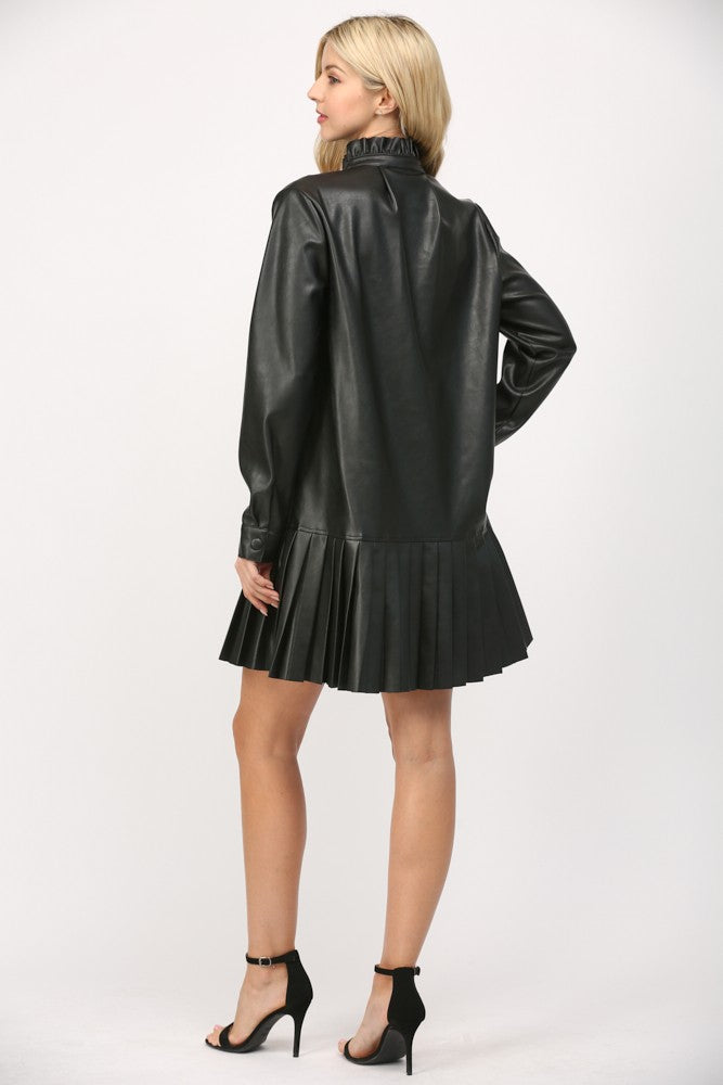 Pleated Leather Mini Dress