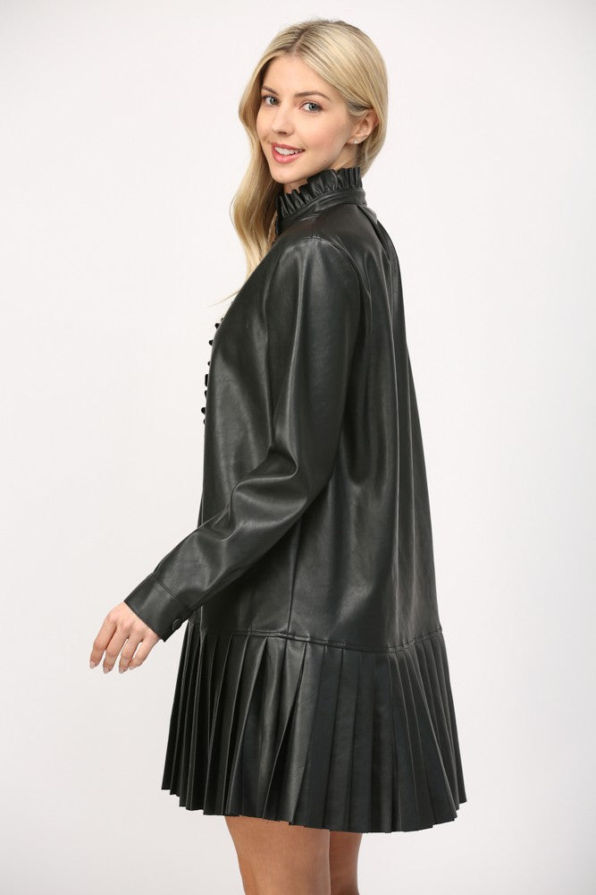 Pleated Leather Mini Dress