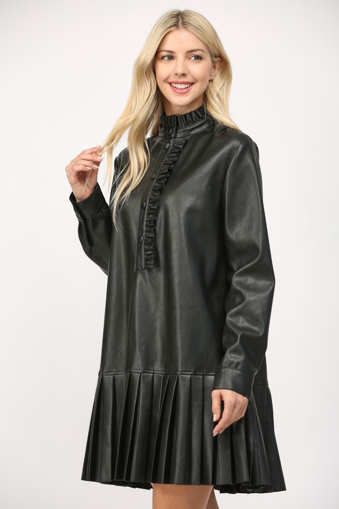Pleated Leather Mini Dress