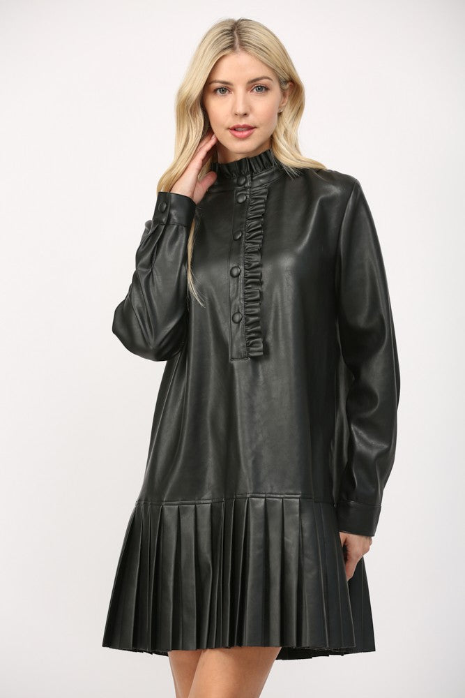 Pleated Leather Mini Dress