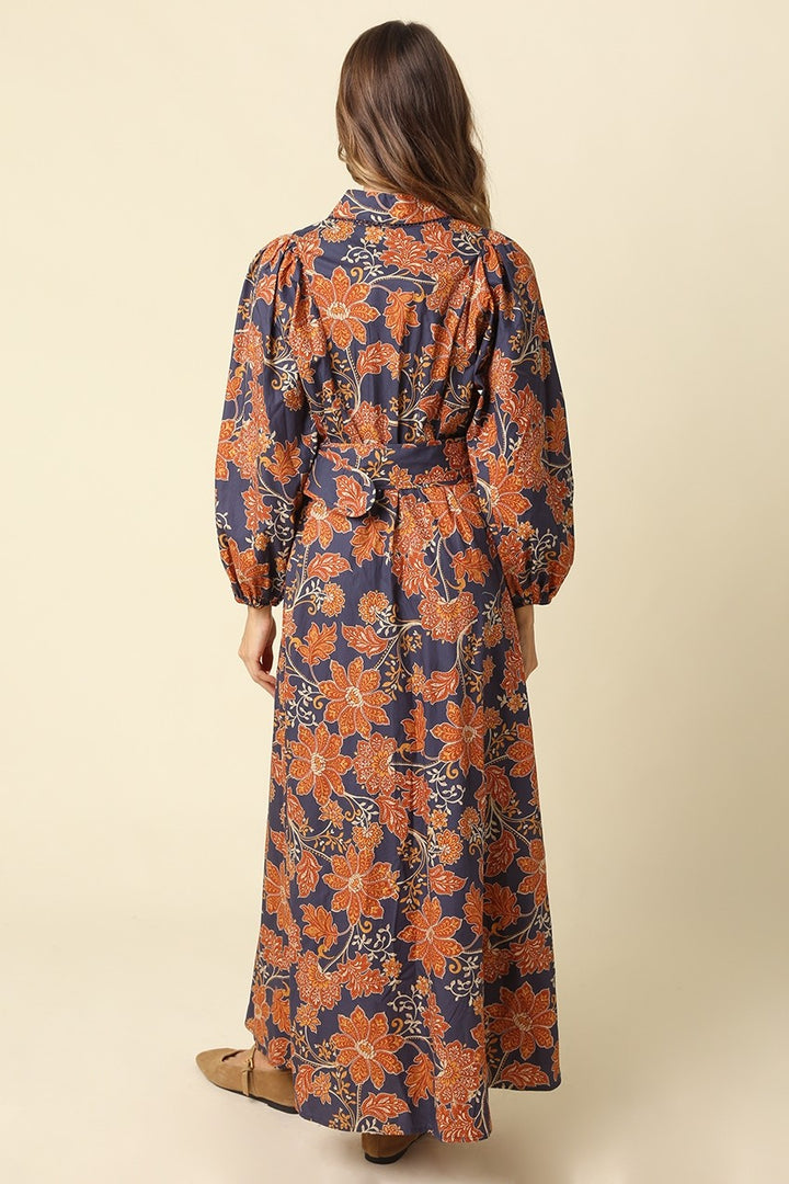 Julia Dress, navy and rust floral maxi shirt dress, back