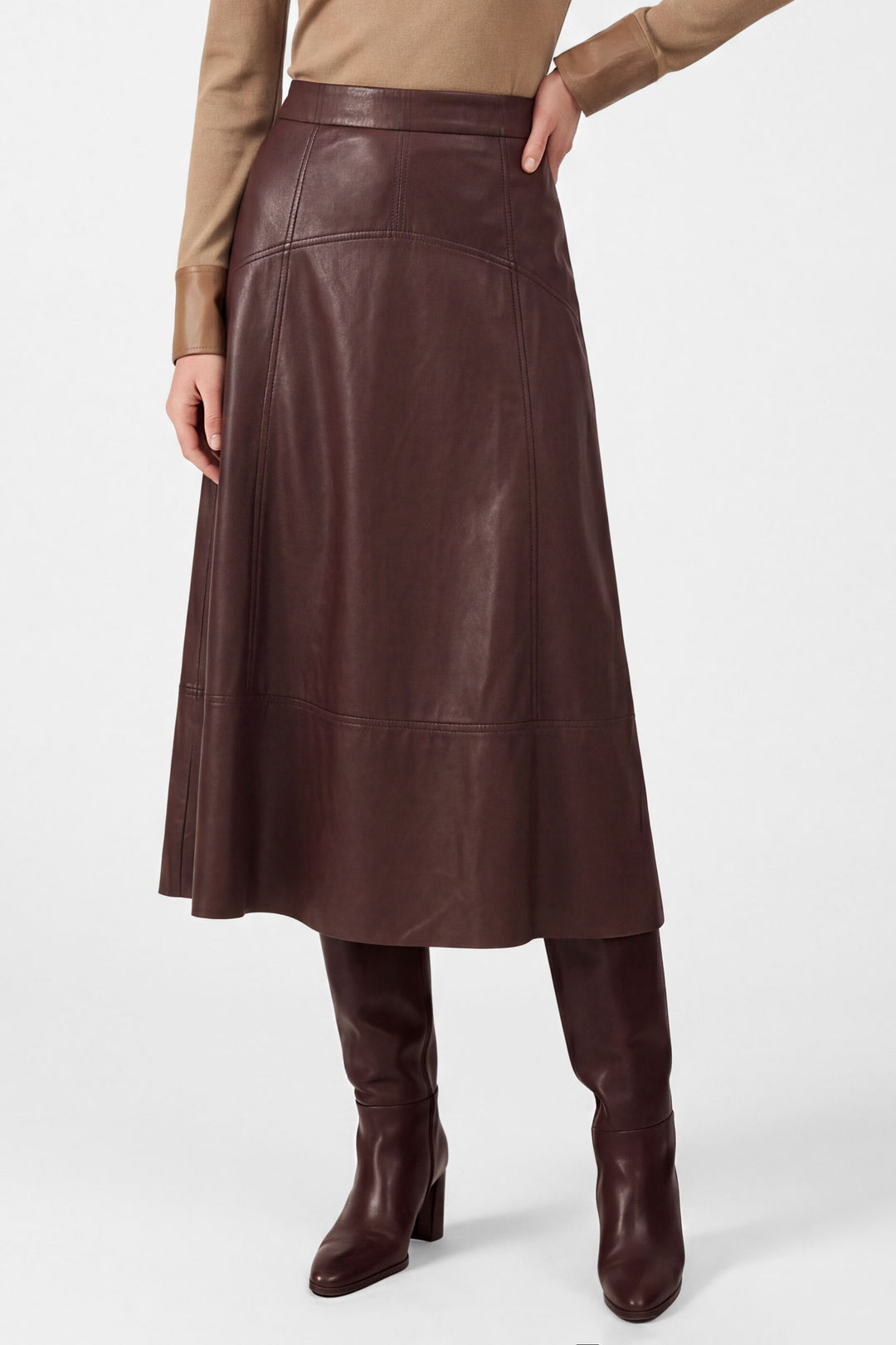 Mallory Skirt in Burgundy - faux leather A-line midi skirt