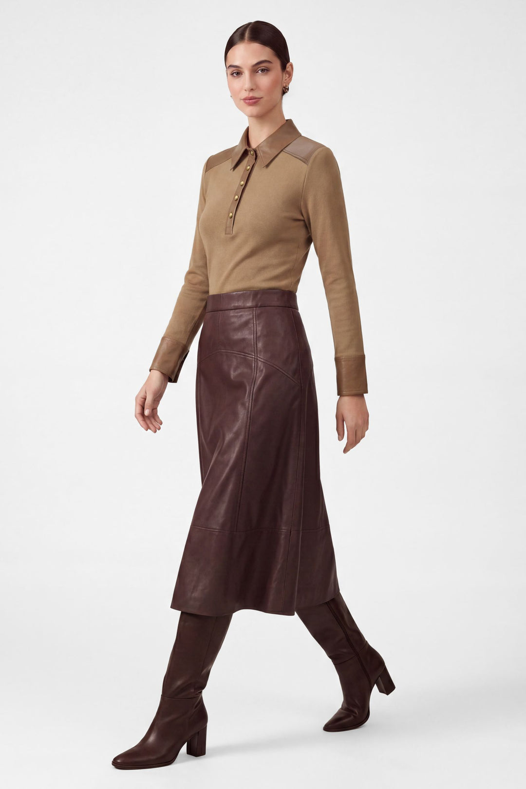 Mallory Skirt in Burgundy - faux leather A-line midi skirt