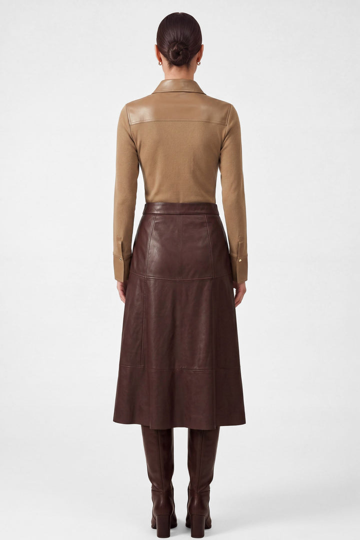 Mallory Skirt in Burgundy - faux leather A-line midi skirt