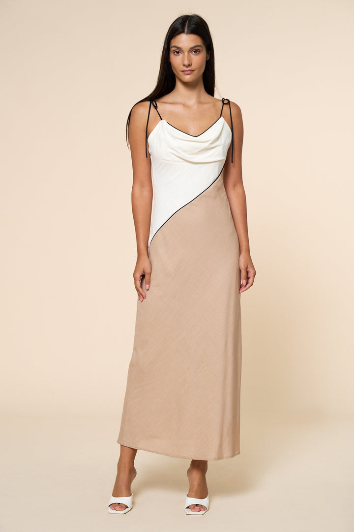 Linen Colorblock Bias Cut Dress