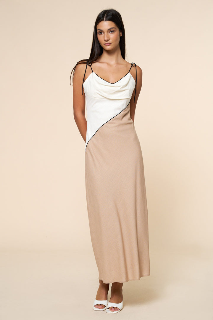 Linen Colorblock Bias Cut Dress
