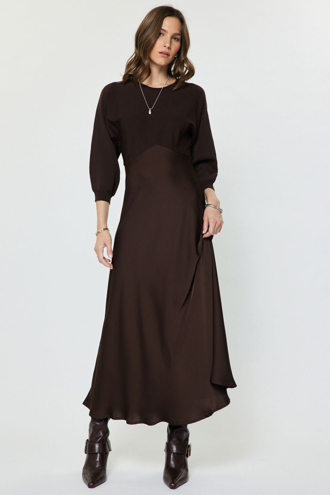 Verity Dress in Chocolate — three-quarter sleeve mixed media sweater dress by Current Air