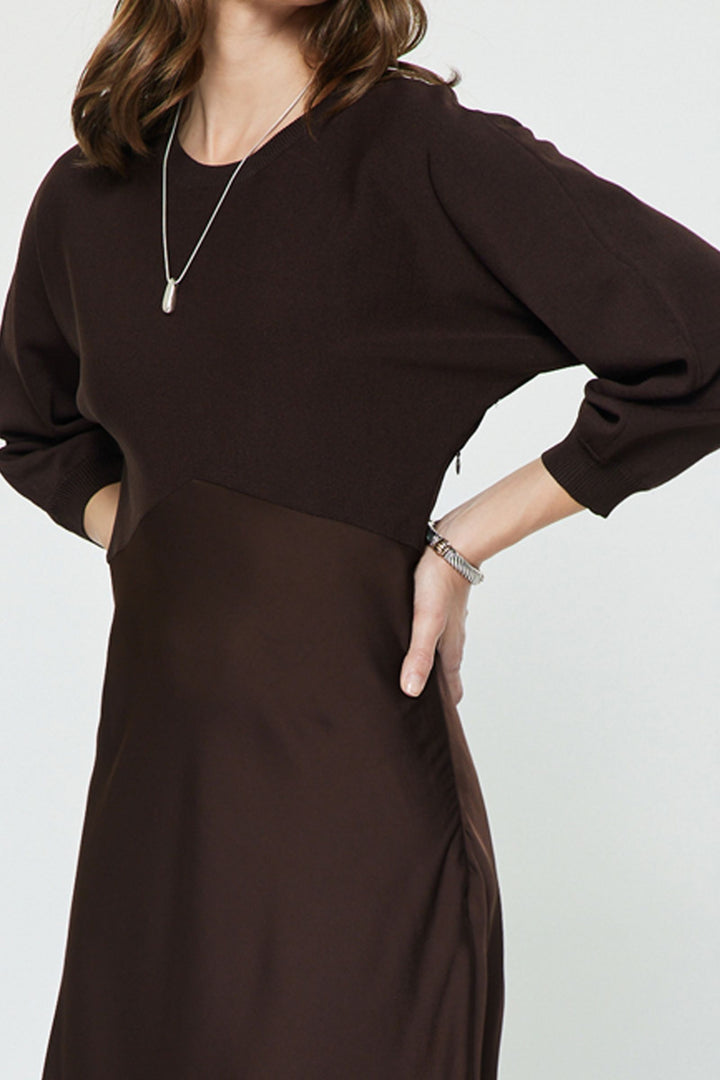 Verity Dress in Chocolate — close detail of the sweater knit and satin seam