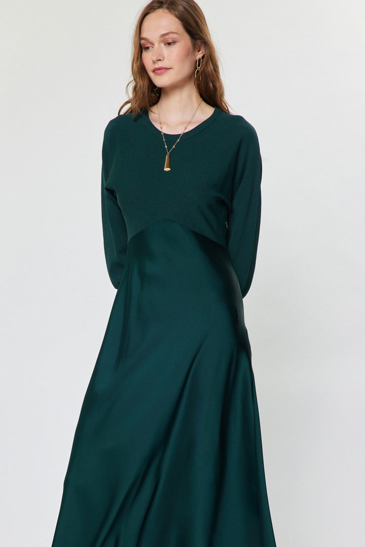 Verity Dress in Dark Green — front detail of the round neckline