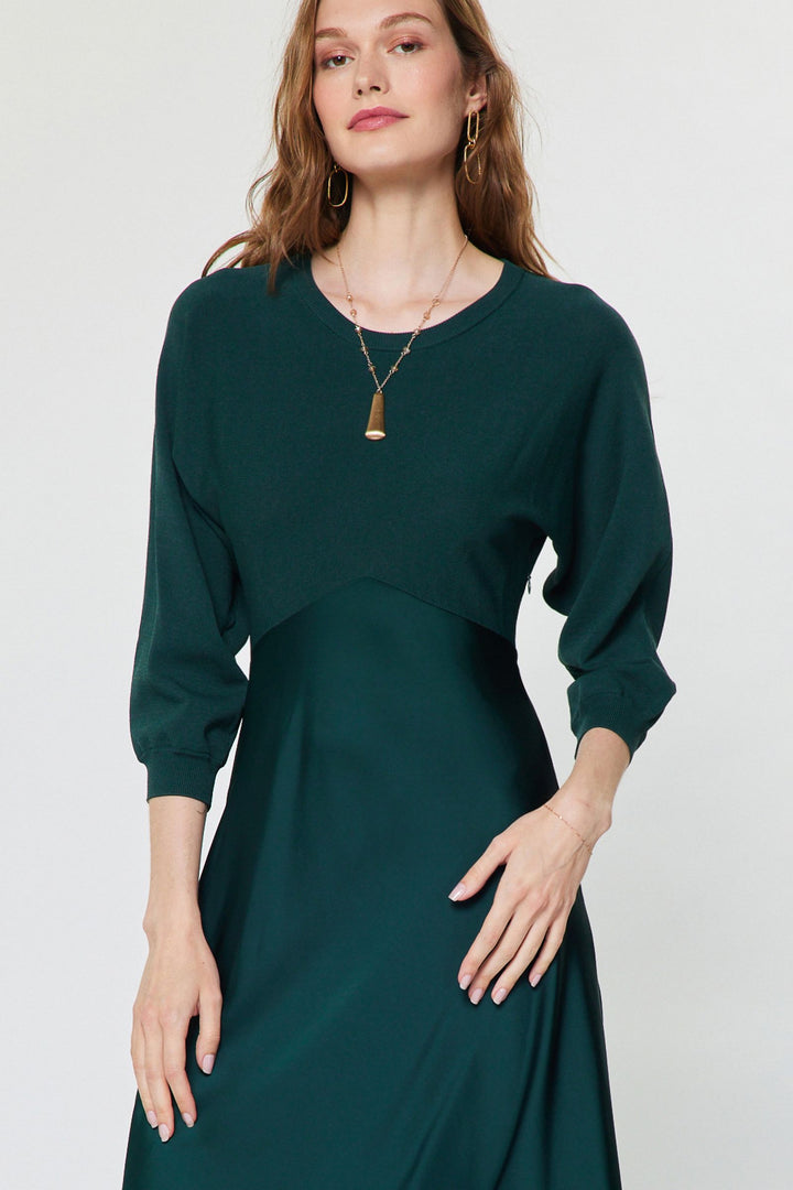 Verity Dress in Dark Green — close detail of the sweater knit bodice