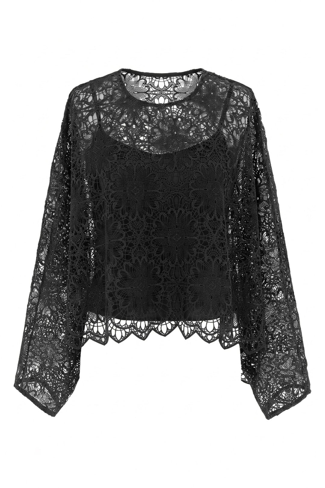 Lydia Poncho in Black - floral lace poncho top with cami