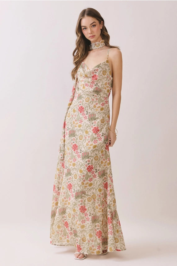 Scarf Neck Cowl Floral Maxi