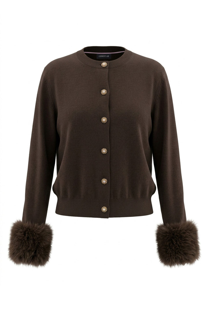 Effie Cardigan in Espresso - knit cardigan with faux fur cuffs