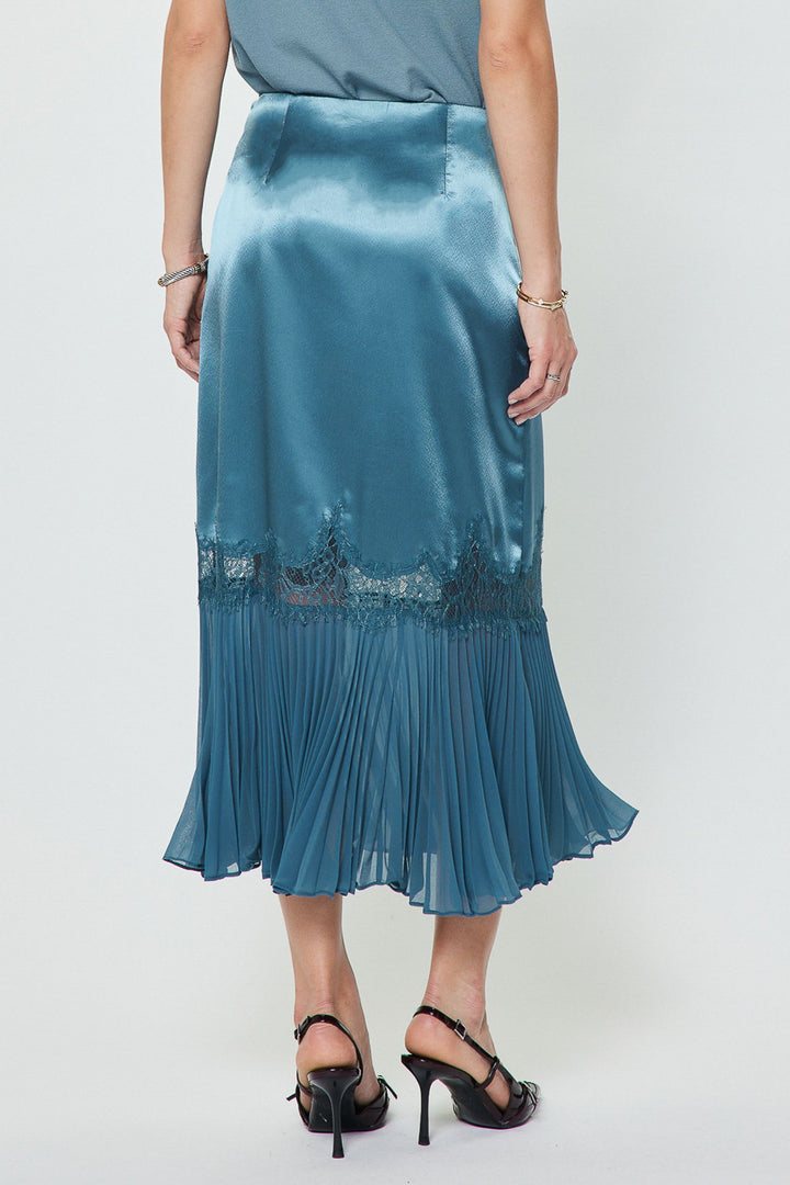Ainsley Set in Dusty Blue — skirt lace trim and pleated chiffon ruffle hem detail