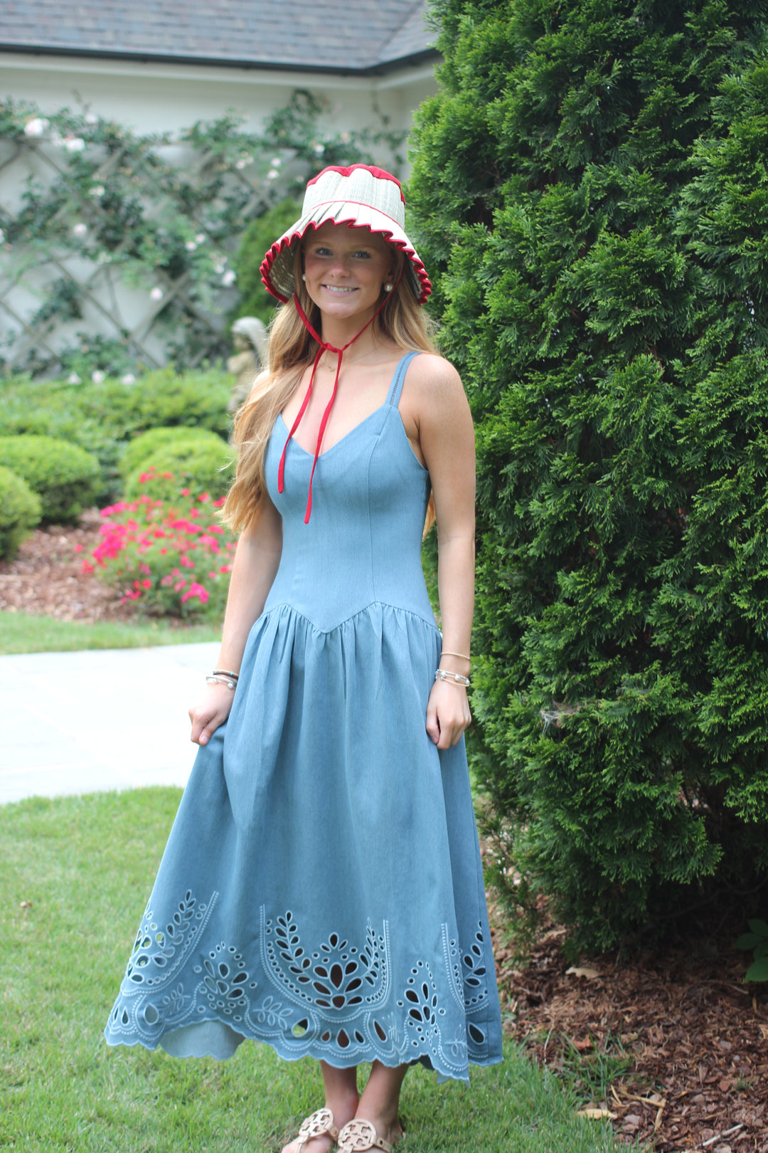 Denim Eyelet Scallop Hem Dress
